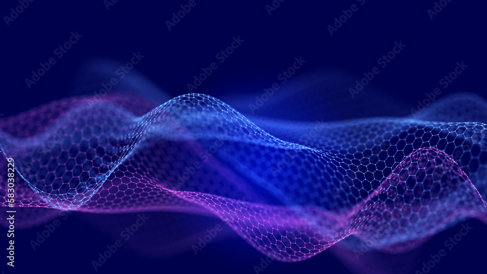 Fototapete Abstract wave of sound particles. Equalizer for music. Signal transmission. 3d rendering.