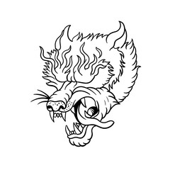 Hand drawn illustration of a wolf with fiery eyes outline design