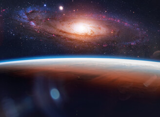 Red planet in space. Stars and galaxy. Space wallpaper. Elements of this image furnished by NASA
