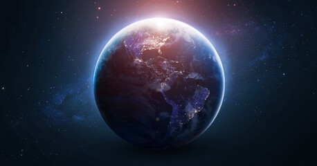 Fototapeta na wymiar Planet Earth at night. Lights in cities. Sunlight at the dawn. Earth globe on black background. Earth sphere wallpaper. Elements of this image furnished by NASA