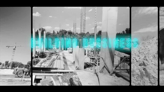 Building business opener. Building business start screen. Building business infographic. Construction work at the construction site. A collage of frames at a construction site.