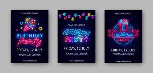 Birthday party neon vertical posters pack. Confetti, present and light bulb garland. Vector stock illustration
