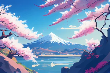 Küchenrückwand glas motiv A typical beautiful Japanese landscape with cherry blossoms and blue sky, illustration © Canvas Alchemy