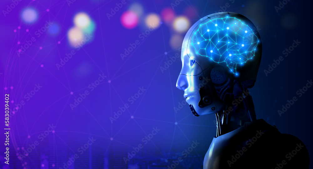 Poster digital brain glow in the humanoid robot head on blue network and city, blue background with copy sp
