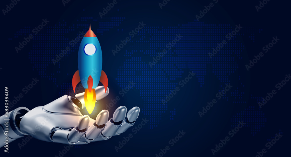 Aufkleber close-up 3d rendering humanoid robot's hand holding virtual rocket launch on blue background with co