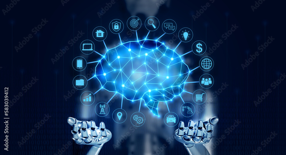 Poster 3d robot holding virtual management icons on blue digital network background. iot, internet of thing