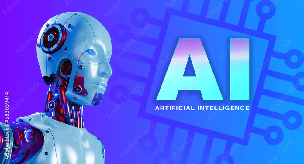 Poster close-up 3d rendering humanoid robot portraits looking forward and ai computer chip icon and artific