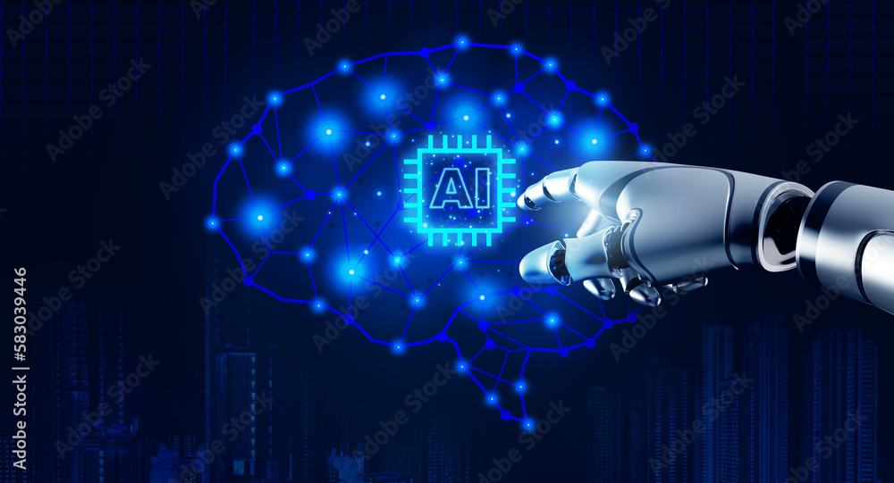 Aufkleber ai computer chip on digital artificial intelligence brain touching by 3d rendering robot hand on blu
