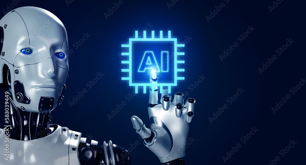 Aufkleber glowing ai digital computer chip icon pressing by 3d rendering robot hand on blue background with co
