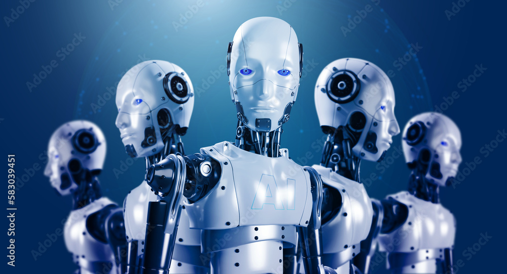Poster 3d rendering of humanoid robot team, robotics army, cyborg machines on blue digital global network b