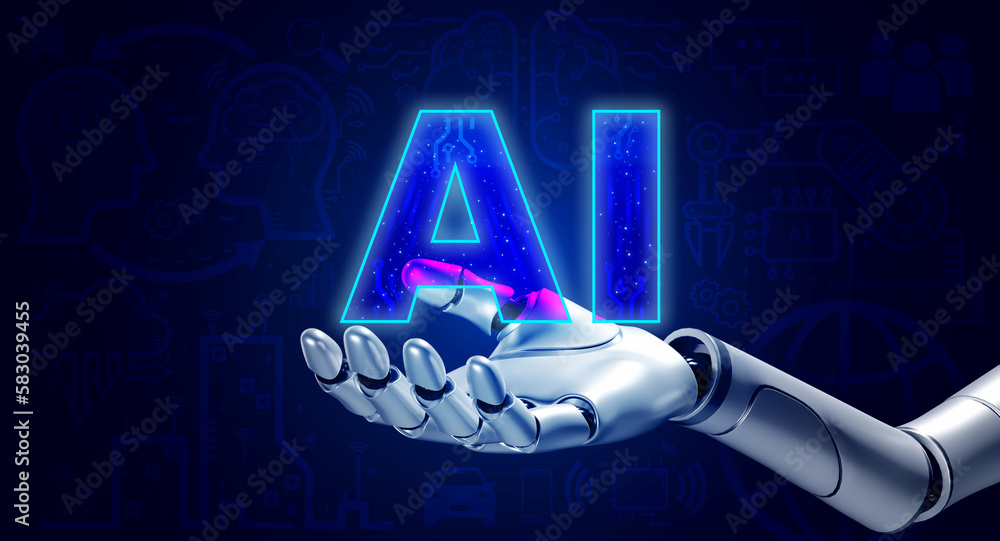 Poster 3d robot hand holding virtual ai, text with working development icons on blue digital network backgr
