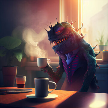 monster drinking coffee 