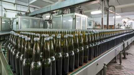 Bottling factory. Beer bottling line. Processing and bottling beer into bottles. Generative AI.