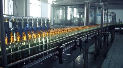 Bottling factory. Water bottling line. Processing and bottling water into bottles. Generative AI.