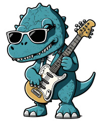 kawaii Dino, cartoon rock star with guitar