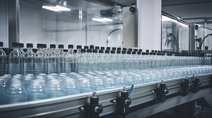 Bottling factory. Water bottling line. Processing and bottling water into bottles. Generative AI.