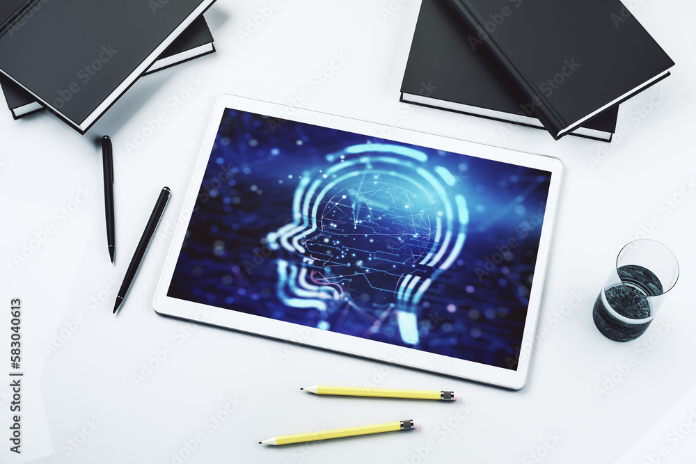 Poster creative artificial intelligence concept with human head hologram on modern digital tablet screen. t