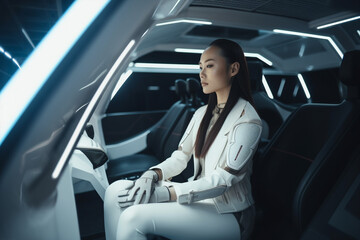 Generative ai asian woman sitting in self driving electric car