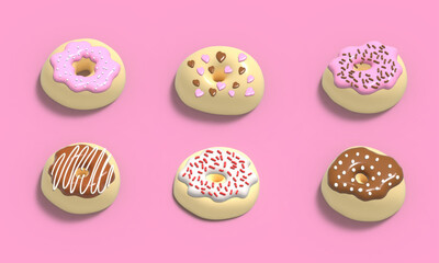 Glazed Donuts Collection 3d realistic design set of elements. Sweet food, donuts with sprinkle. 3d illustration isolated on pink background with alpha channel.