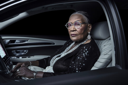 Generative Ai Senior Black Woman Sitting In Self Driving Electric Car