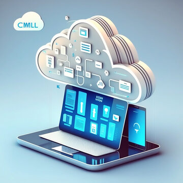 Cloud computing concept on pc. Created with Generative AI technology.