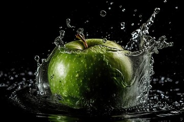 Green apple in water splash, juicy fruit (Ai generated)