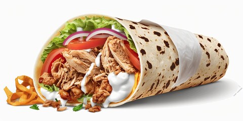Generative AI illustration of appetizing Mexican burrito with vegetables and chicken meat served with sauce in pita isolated on white background