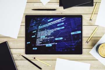 Abstract creative coding concept on modern digital tablet screen. Top view. 3D Rendering