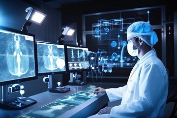 Doctor with stethoscope and icon medical in hospital with medical technology 3D (Ai generated)