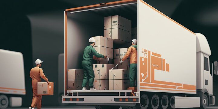 Generative AI image of workers loading cargo boxes in truck