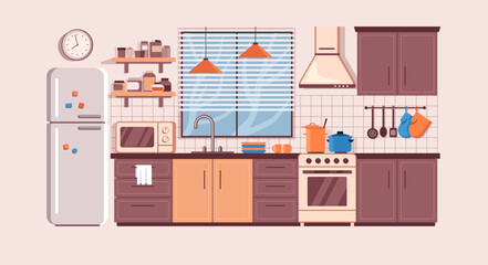 Kitchen interior with counter, refrigerator, stove and window. Vector flat illustration.

