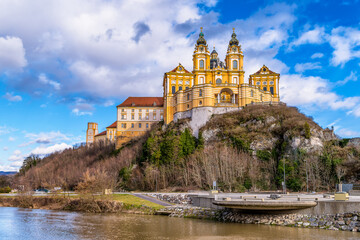 Fototapeta na wymiar Scenic view of Melk Abbey in Austria against dramatic winter sky