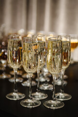 Glasses of champagne on table, closeup. Many glass of white wine. Party time on holiday. Buffet. Selective focus. Celebration of birthday, baptism, wedding or corporate party. Catering service.