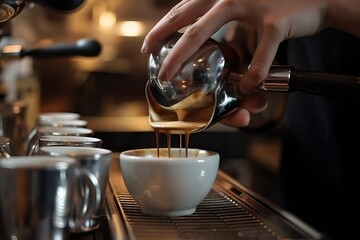 Fototapeta na wymiar Barista making coffee, pulling a shot of espresso or steaming milk (Ai generated)