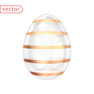 Glass Shiny Easter Egg with Gold Stripes. Beautiful Easter Gift. Image of transparent glossy crystal-gold egg isolated on white background. 3d decoration for easter design. 3D vector illustration