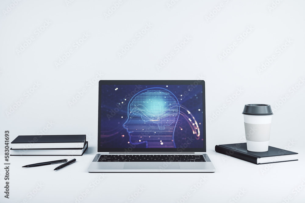 Aufkleber Modern computer monitor with creative artificial Intelligence symbol. Neural networks and machine learning concept. 3D Rendering