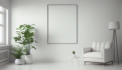 Obraz na płótnie Canvas Blank white frame mockup on a wall for print, photo, painting, artwork presentation, display. Generative AI