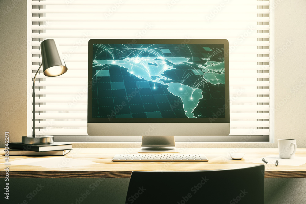 Poster abstract digital world map with connections on modern computer monitor, big data and blockchain conc