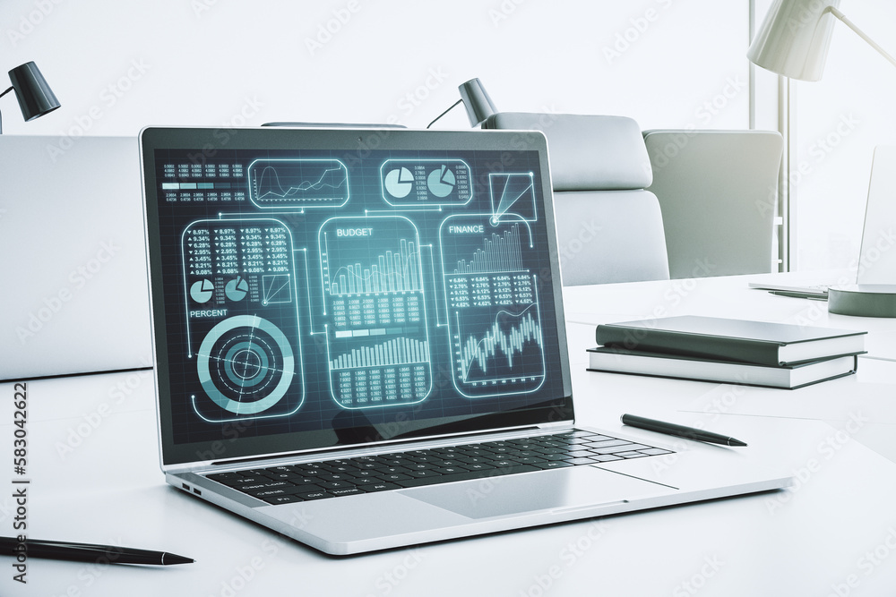 Poster stats data illustration on modern laptop monitor, computing and analytics concept. 3d rendering