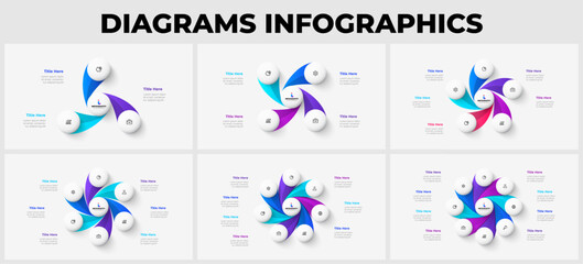 Set of abstract infographics elements for business presentation. Cycle diagrams with 3, 4, 5, 6, 7 and 8 options, parts or steps