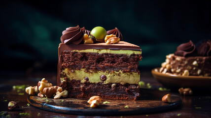 Fototapeta na wymiar Satisfy Your Sweet Tooth with a Slice of Chocolate Cake Topped with Walnuts and Pistachios