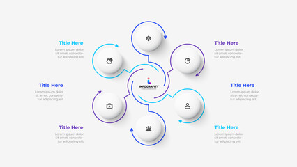 Cycle infographic with thin line arrows and circles. Business template with 6 options