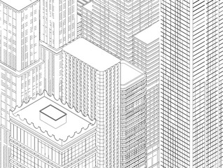 Outline of many high-rise buildings. Isometric view. 3D. Vector illustration.