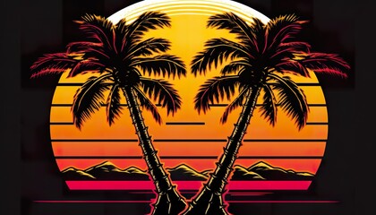 Beautiful Two palm trees. synth wave landscape . Creative illustration. (Ai Generate)