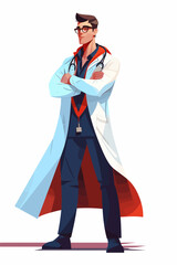 Doctor super-hero in a medical uniform, National doctors day celebration. Vector isolated cartoon style drawing.