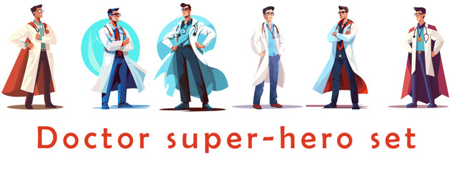 Set of illustrations of Doctor super-hero in a medical uniform, National doctors day celebration. Vector isolated cartoon style drawing.