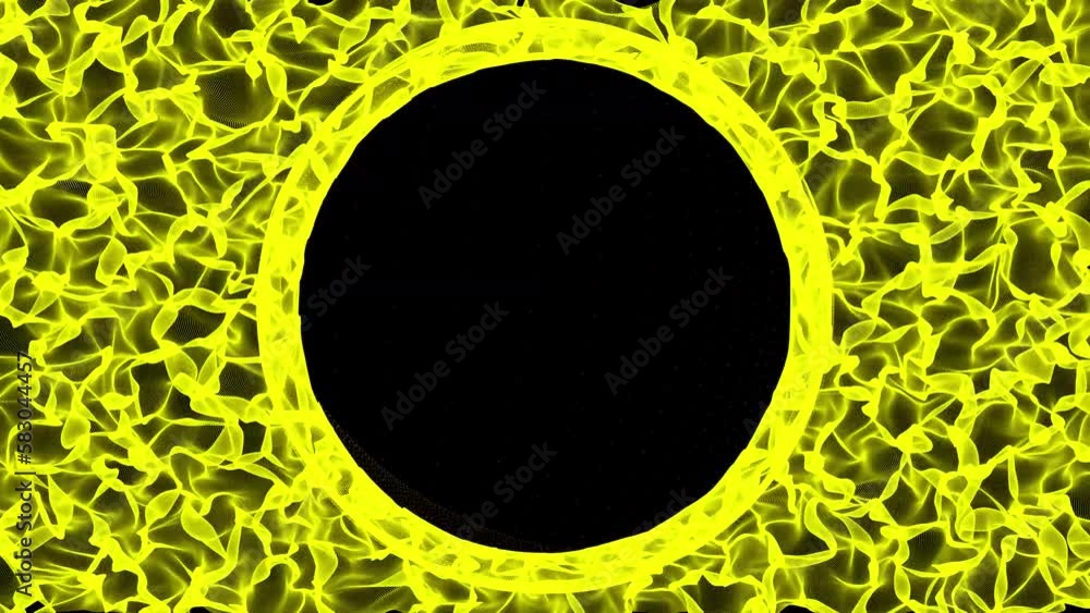 Poster hot yellow flaming circle with ember. explosive colored gases and flames on black background. perfec