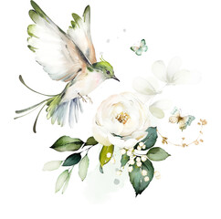 watercolor white flowers. floral illustration, Leaf and buds. Botanical composition for wedding, greeting card. branch of flowers, green bird - 583044648