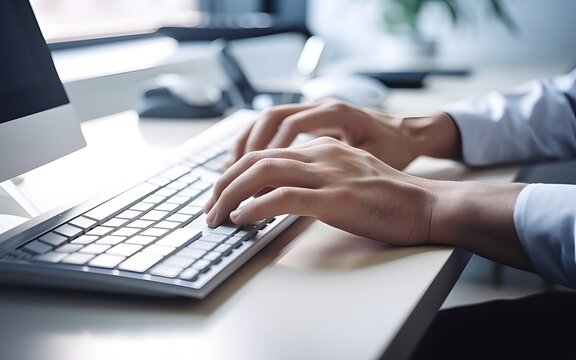 Close up of man typing something using computer while working in the office