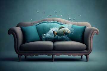 Modern grey-blue sofa on the dark background with water splashes and fish. Furniture concept